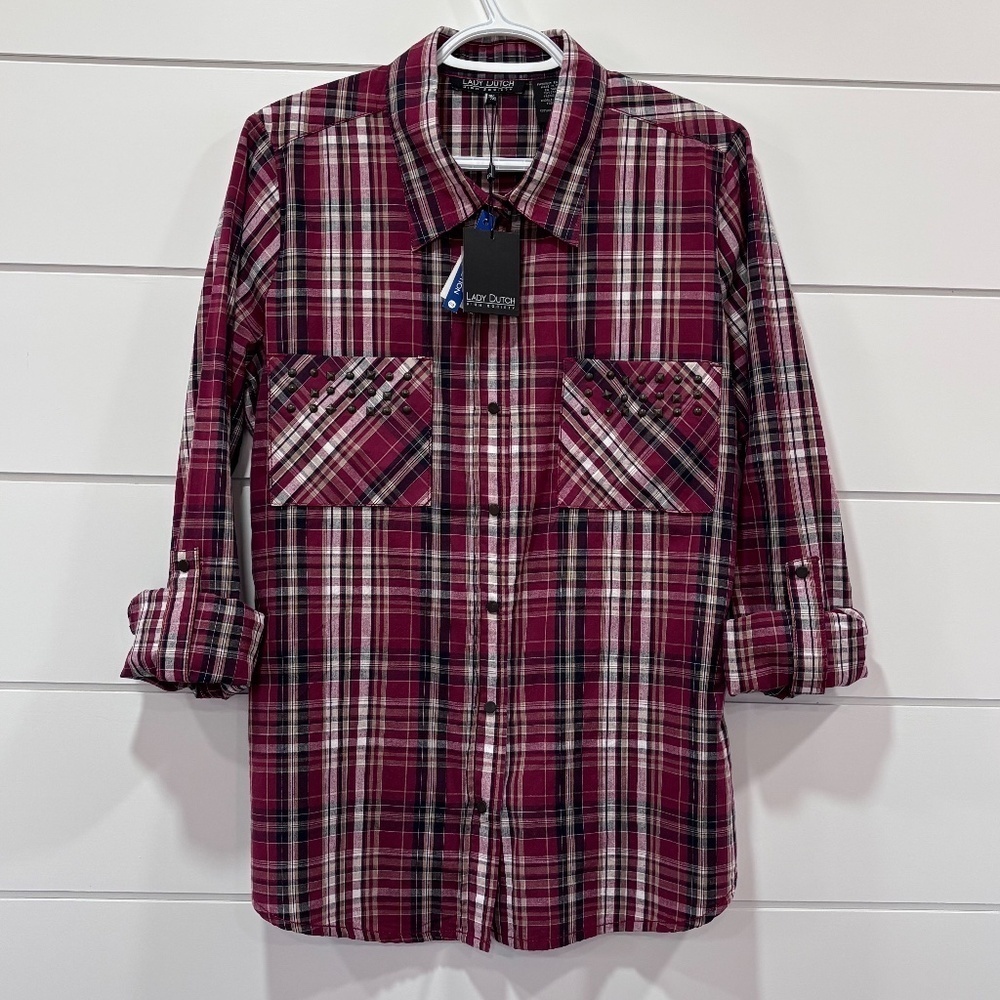 Lady Dutch NWT snap closure plaid fitted shirt with pocket embellishments sz XL - Picture 2 of 16